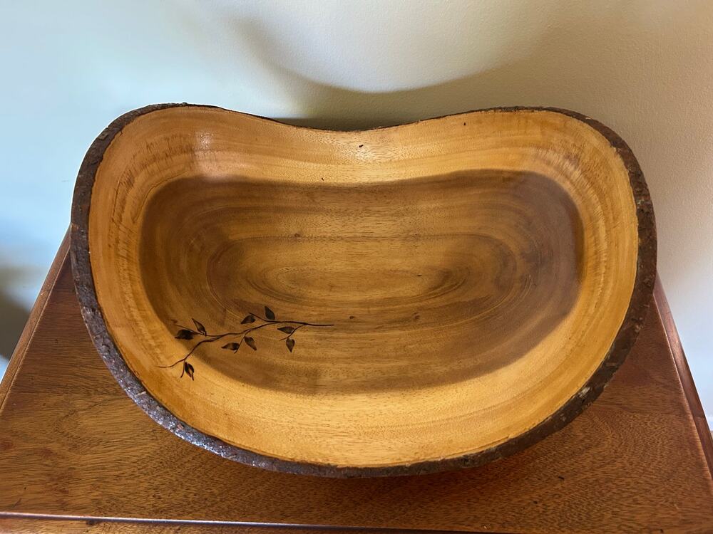 Vintage Olive Wood Look Live Edge Decorative Bowl with Burnt Floral Design